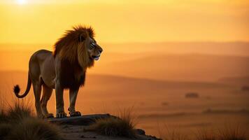 Lion Standing on Rock Overlook at Sunset photo