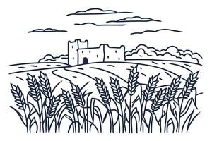 Castle ruins in wheat field historic landscape, ancient architecture under cloudy sky vector