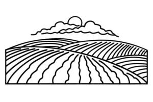Rolling farm landscape illustration with sun and clouds curved lines depicting fields in countryside vector