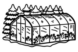 Greenhouse with lush plants surrounded by pine trees in nature setting vector