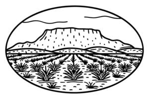 Desert landscape illustration with mesa and cacti under cloudy sky vector