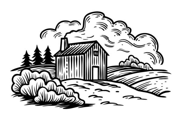 Rustic cabin in countryside landscape with rolling hills and pine trees, black and white illustration