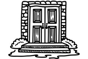 black and white line illustration of a closed double door with steps, bricks, and bushes vector