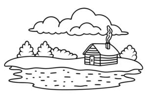 Rustic lakeside cabin in serene landscape simple line art illustration with clouds, water, trees vector