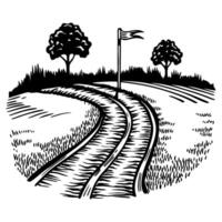Curved pathway with flag and trees in black and white landscape illustration vector
