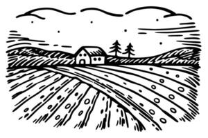 Rustic barn and fields in vintage landscape illustration with rolling hills and trees vector