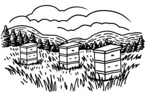 beekeeping landscape with hives in nature rural scene with fields, mountains, trees, apiary harmony vector