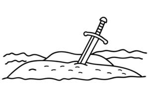 Sword in the stone illustration, medieval legend concept excalibur embedded, mythical weapon art vector