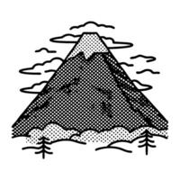 Stylized mountain landscape with clouds and trees in black ink art drawing vector