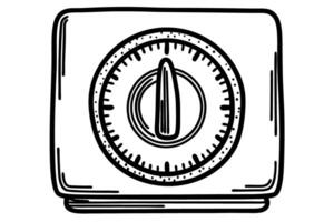 Retro kitchen timer illustration with bold mechanical dial design in black and white vector