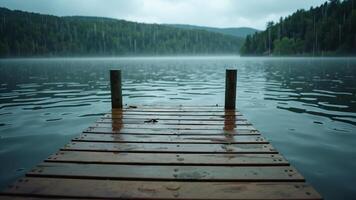 Wooden Dock on Lake with Forest Background in Rain photo