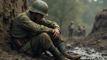 Soldier Sitting in Mud Near Trenches photo