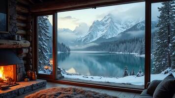 Log Cabin Interior with Fireplace and Window View of Mountain Lake photo