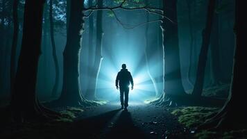 Silhouetted Person Walking Towards Light in Dark Forest photo