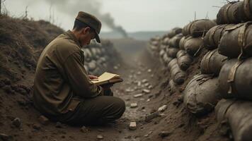 Soldier Reading Book in Trench with Sandbag Walls photo
