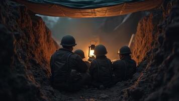 Soldiers in Trench with Lantern photo
