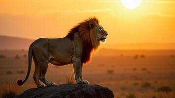 Lion Standing on Rock at Sunset photo