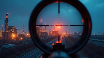 Industrial Complex Viewed Through Rifle Scope at Night photo