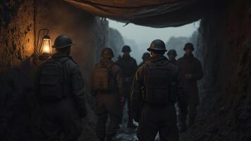 Soldiers Walking Through Trench with Oil Lamp photo