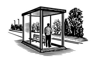 solitary figure at bus shelter monochrome scene with trees and urban street elements vector
