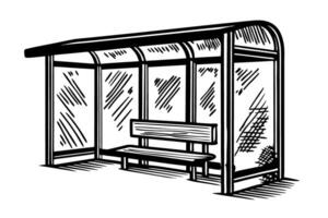 Black and white sketch of a simple bus shelter with bench and roof vector