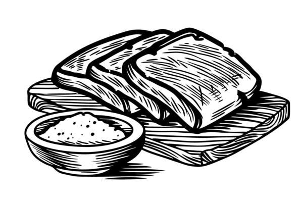 Sliced bread loaf on wooden board with bowl of salt in vintage illustration