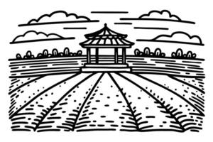 black and white illustration of a gazebo in a field with clouds and pathways vector
