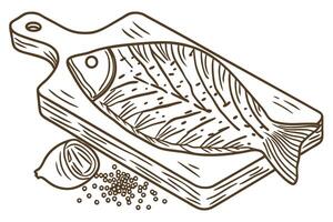 Herb seasoned fish sketch on cutting board with onion and peppercorns, culinary essentials vector