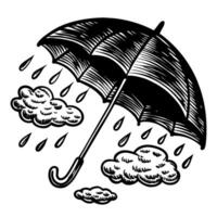 vintage umbrella and rain clouds illustration with raindrops and shaded design in black and white vector