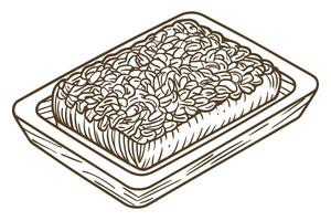 Illustration of instant noodles in rectangular tray, uncooked asian cuisine, hand drawn vector