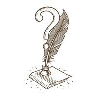 ink pot with quill and question mark vintage sketch, writing mystery concept, creativity inspiration vector