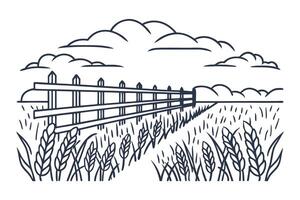 Rural farmland scene with fence and wheat field peaceful countryside view under cloudy sky vector