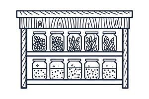 Pantry shelf with jars of spices and herbs in rustic design, kitchen organization vector