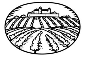 Vineyard landscape illustration with castle, rows of grapevines, oval frame design vector