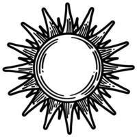 Intricate sun illustration with radiant beams in black and white line art vector