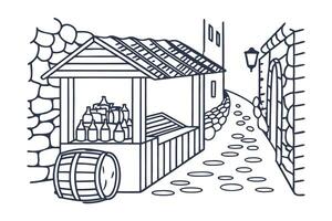 Vintage market stall with bottles and barrel in quaint cobblestone alleyway, historic charm vector