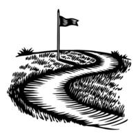 Winding path to a flag black and white landscape illustration with pathway and flag vector