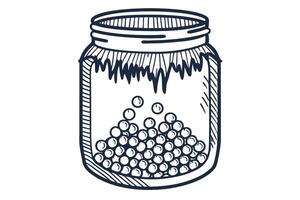 Hand drawn jar with loose balls, simple sketch illustration of container storage design vector