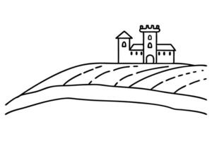 medieval hilltop castle sketch with rolling fields in simple black and white line drawing vector
