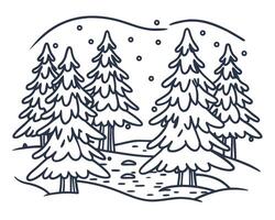 Winter forest scene with snowy pine trees, simple line art illustration vector
