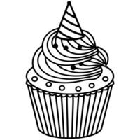 Cupcake with frosting and party hat sweet treat celebration in black and white vector