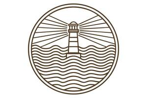 minimalist lighthouse emblem with waves and radiating light in circular design vector