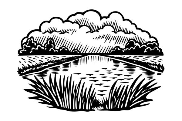 Black and white landscape illustration of tranquil pond and scenic clouds