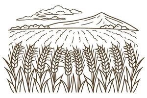 Harvest scene wheat field and mountain landscape with clouds vector