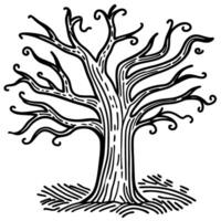 intricate bare tree illustration with swirling branches black and white nature art, detailed botanical sketch vector