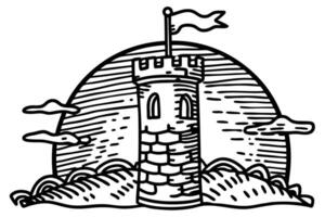 Medieval tower illustration with waves and flags in black and white vector
