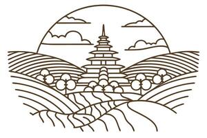 Scenic pagoda landscape with rolling hills and clouds line art illustration of nature and heritage vector