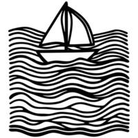 Sailing boat line art on wavy sea patterns, simple nautical design vector