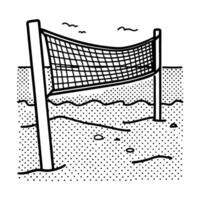 beach volleyball net on sandy shore with ocean waves and seagulls in black and white art vector