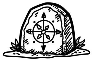 Ancient rune stone with arrow and cross symbol, mystical markings on weathered surface vector
